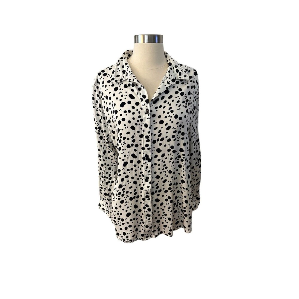 Chico’s Size 3 XL Black White Polka Dot Modal Button Front Shirt Blouse Top
